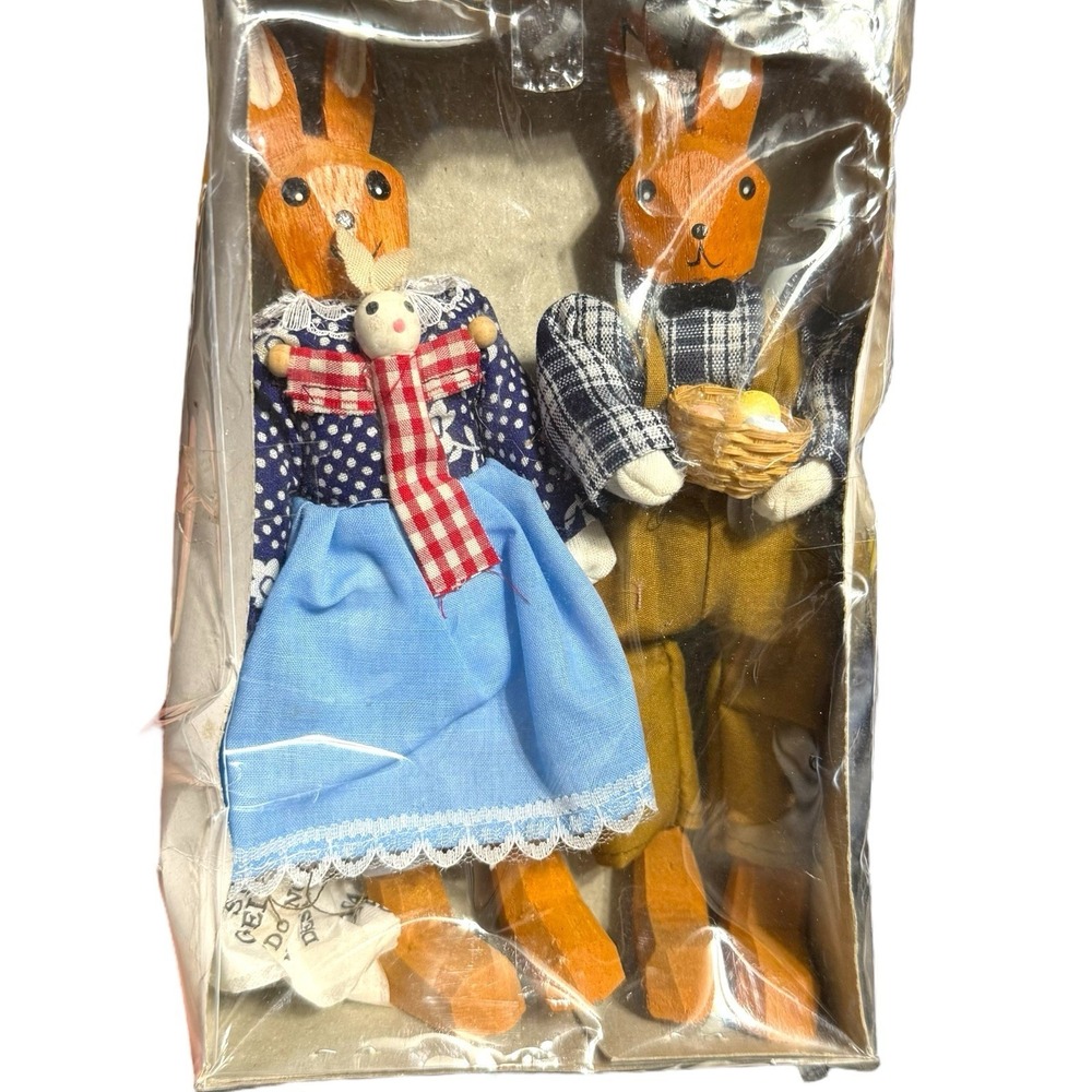 Vintage Kurt Adler Hand Carved‎ Wooden Easter Bunnies NOS